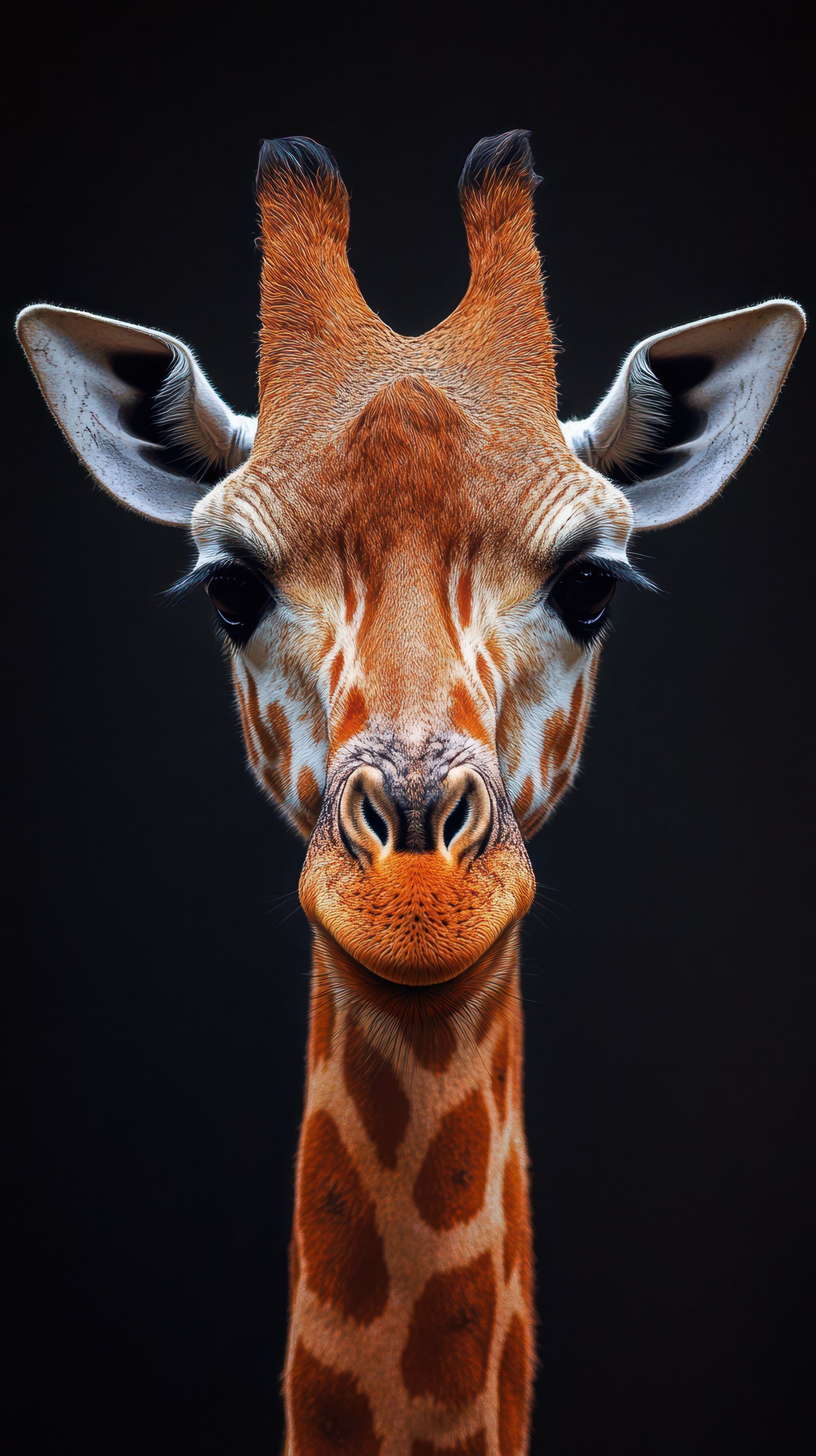 Majestic giraffe portrait showcasing intricate patterns and expressive eyes in a dramatic dark background